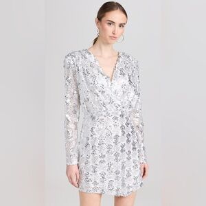 Amanda Uprichard Contessa Mini Long Sleeve V Neck Dress Silver Sequin Small